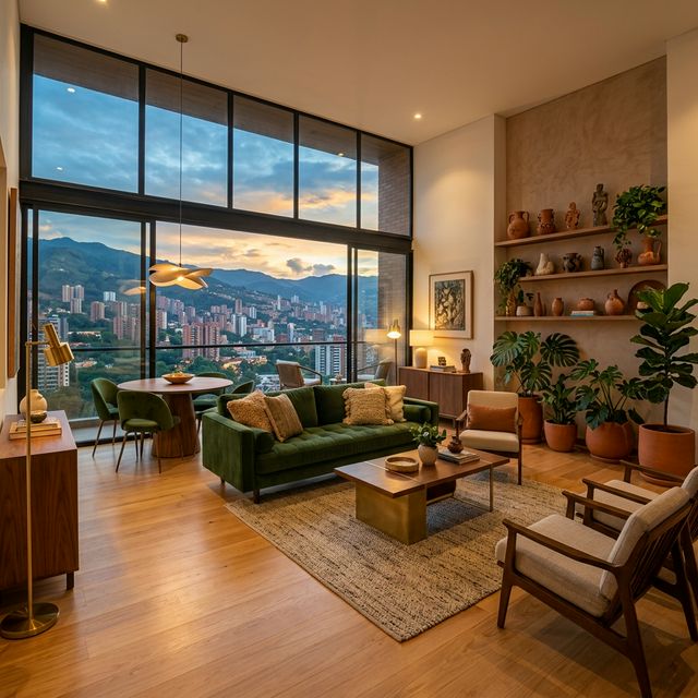 El Poblado penthouse living room with panoramic city views