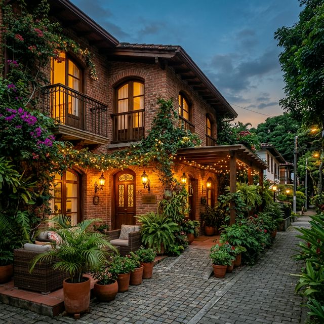 Boutique brick villa with garden courtyard at dusk