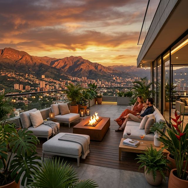 Rooftop terrace with fire pit and mountain sunset views